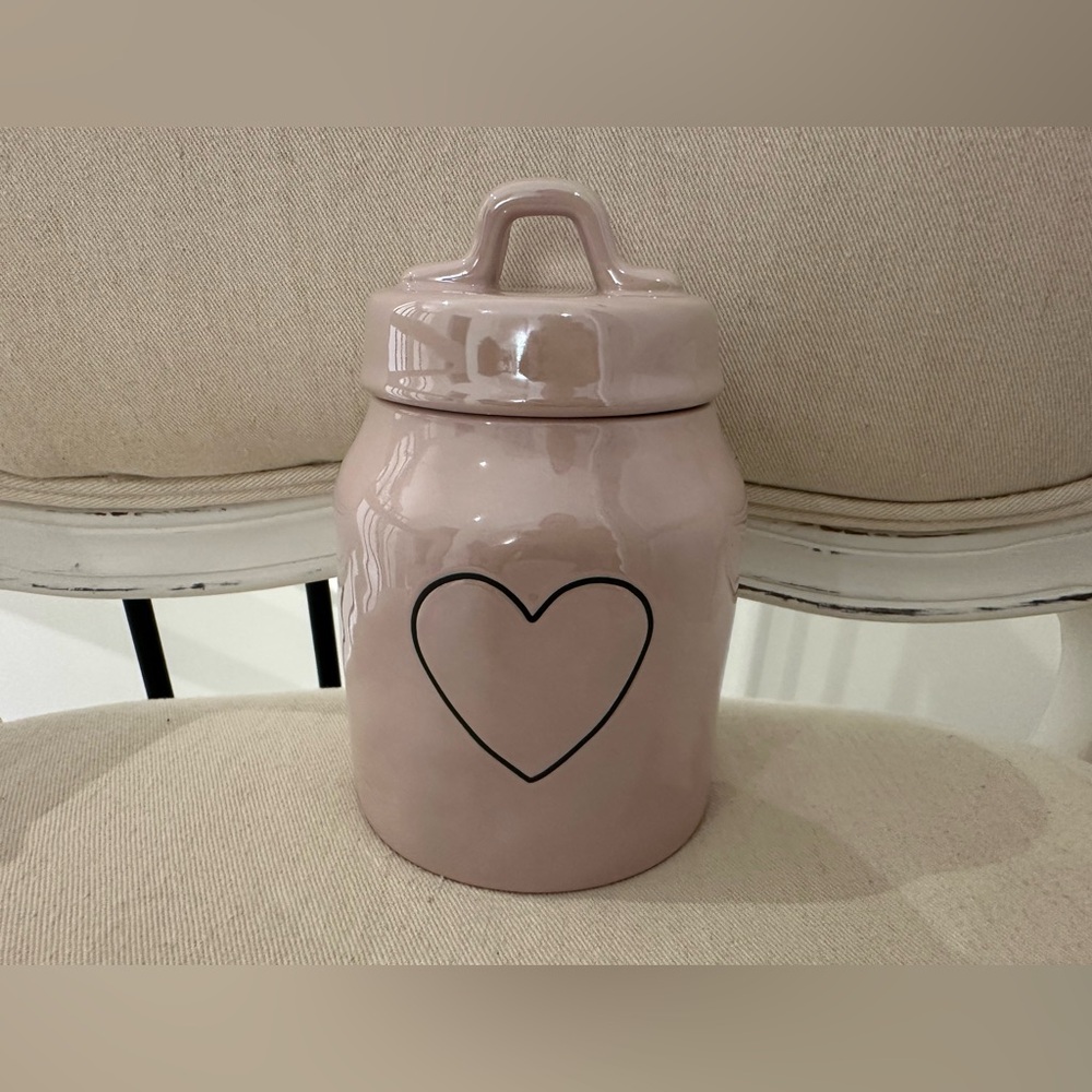 *SOLD* Rae Dunn Medium Pink Iridescent Canister Valentine’s Day Pink With Heart - Picture 2 of 6